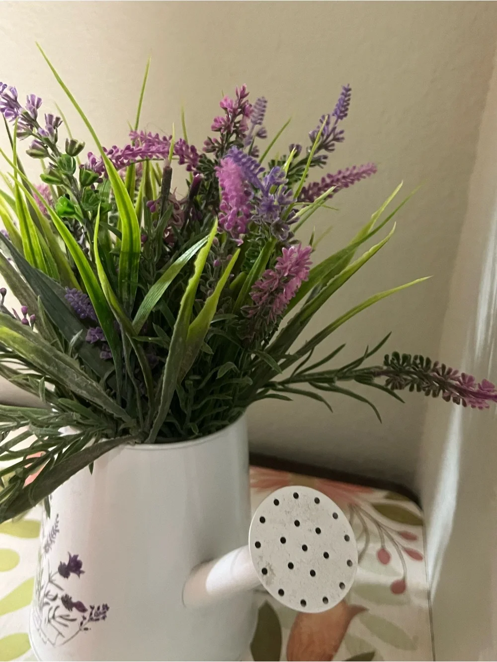 White Lavender Watering Can Vase with Purple Floral Spray - Home Accents#YC